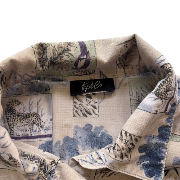 Tcp & Co Animal Print Button Shirt Beige Blue Safari Wildlife Vintage 90s - Picture 4 of 6